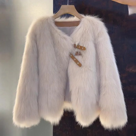 Chic women's fluffy plush jacket, perfect for cozy layering in winter or fall. Warm, elegant outerwear.