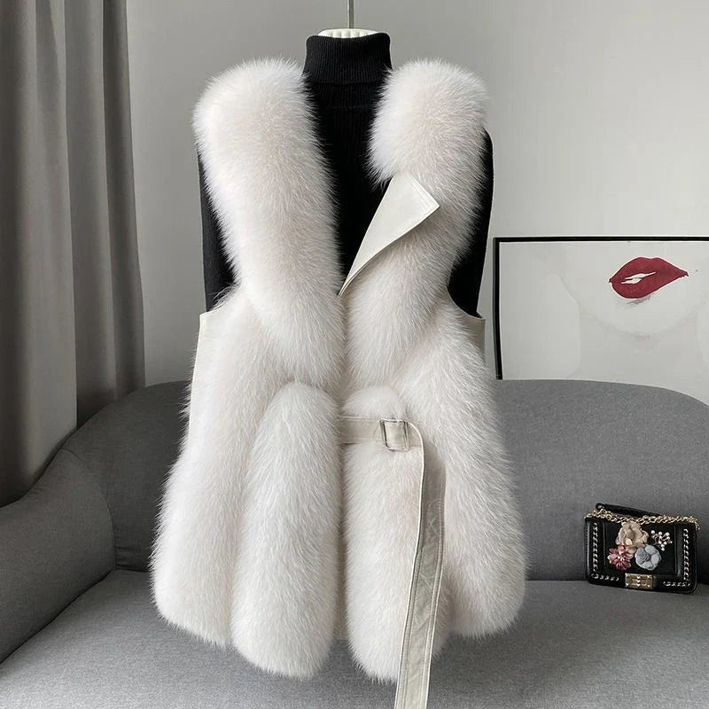 Chic women's fluffy waistcoat in cream, perfect for cozy winter layering. Stylish and elegant fashion vest.