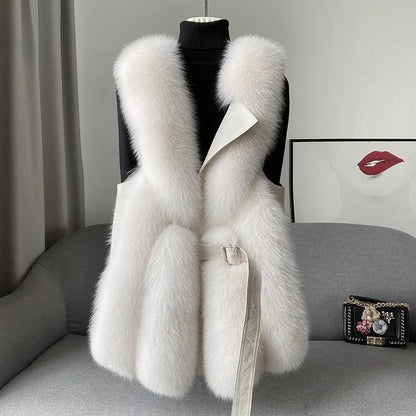 Chic women's fluffy waistcoat in cream, perfect for cozy winter layering. Stylish and elegant fashion vest.