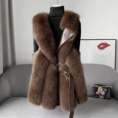 Soft, elegant women's fluffy waistcoat in a warm hue. Stylish and cozy layering vest for cold weather fashion.
