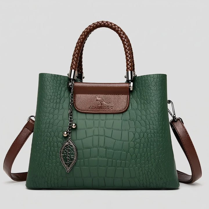 Elegant women's beige embossed tote bag with braided handle. Stylish daily shoulder bag & fashion accessory.