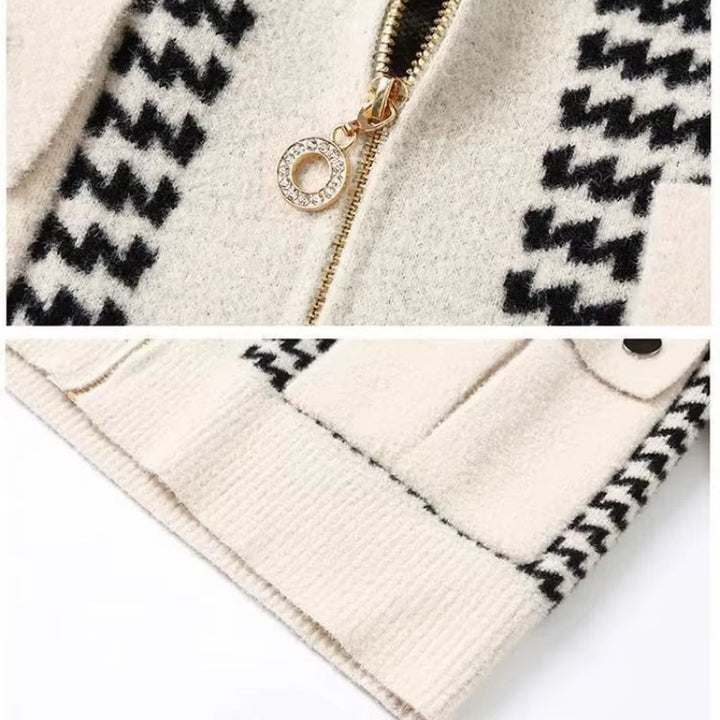 Elegant women's houndstooth zip jacket layered over an outfit, showcasing chic and versatile apparel.