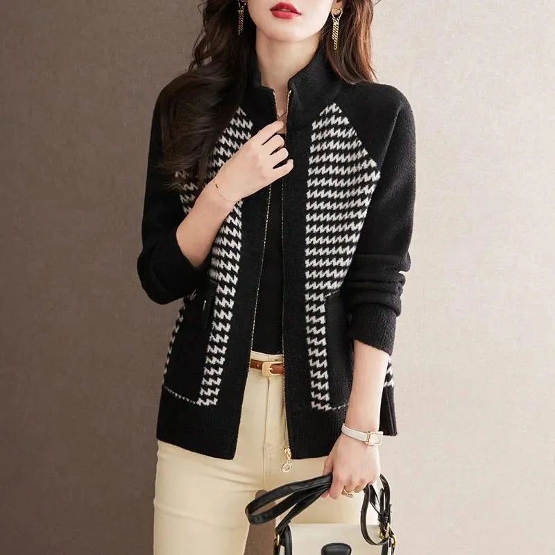 Back view of a women's chic houndstooth zip jacket, highlighting its comfortable fit and stylish design.