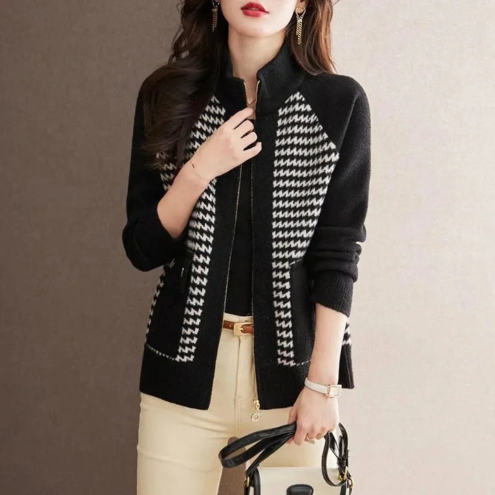 Back view of a women's chic houndstooth zip jacket, highlighting its comfortable fit and stylish design.