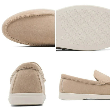 Women's comfortable walking loafers, side view. Slip-on flats designed for arch support & cushioned all-day wear.