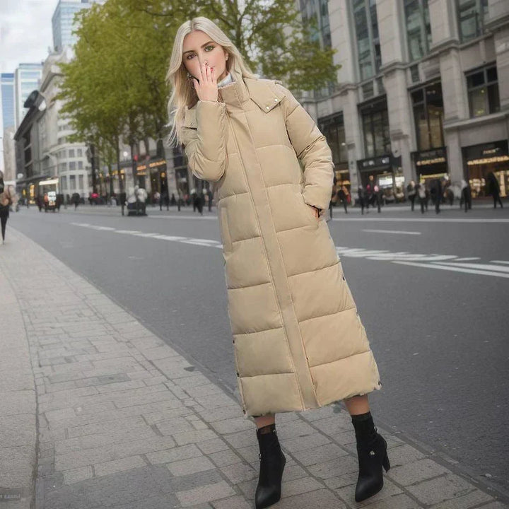 Front view of a chic women's long winter coat, warm and fashion-forward.