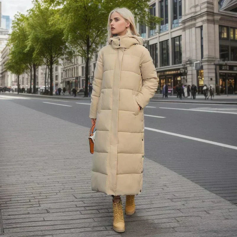 Elegant women's long coat with button closure, perfect for cold weather warmth.