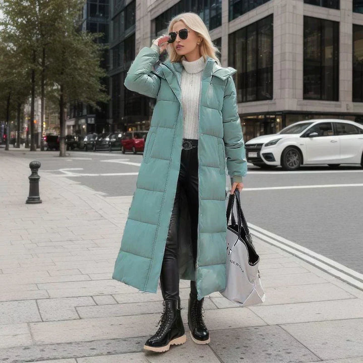 Women's long camel winter coat, perfect for chic cold weather fashion.
