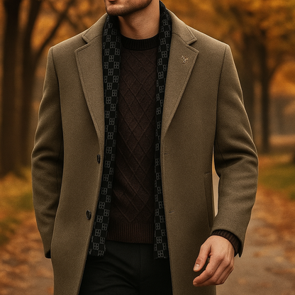 Fashionable women's black winter coat, with a chic notched lapel, providing warmth and elegant style.