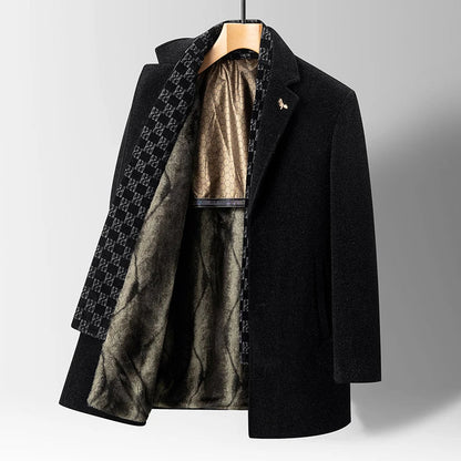 Warm women's winter coat in olive stone, with a stylish notched lapel, great for elegant cold weather outfits.