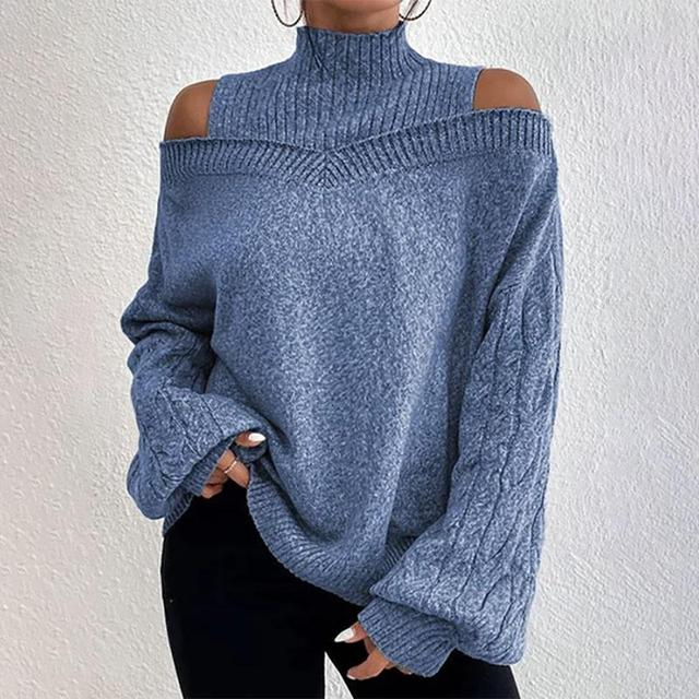 Comfortable women's off-shoulder knit sweater, trendy long sleeve style. Ideal for chic fall fashion.