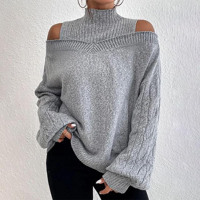 Women's stylish off-shoulder sweater featuring hollow-out detail & long sleeves for elegant winter comfort.