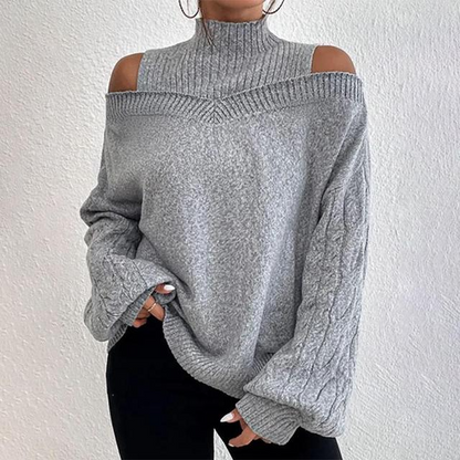 Women's stylish off-shoulder sweater featuring hollow-out detail & long sleeves for elegant winter comfort.