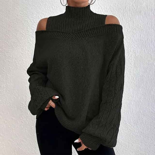 Effortless women's off-shoulder long sleeve sweater, a chic knit top for versatile fall & winter casual outfits.