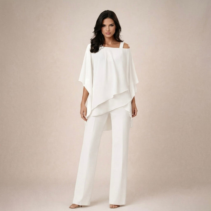Chic women's off-shoulder top & wide-leg pants matching set. Perfect elegant summer two-piece outfit.