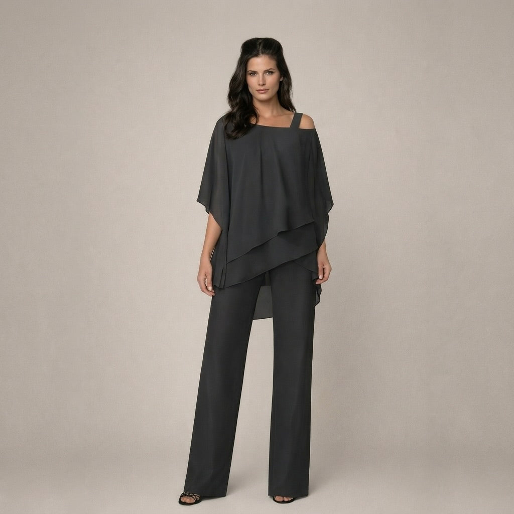 Stylish women's off-shoulder top & wide-leg pants set. Comfortable, chic two-piece fashion for casual wear.