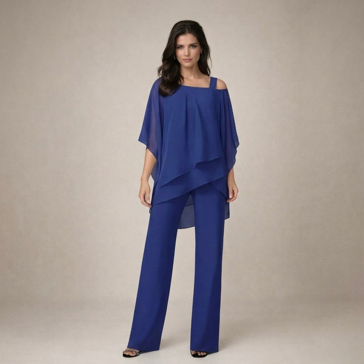 Elegant women's coordinated off-shoulder top & wide-leg pants set. Fashionable two-piece for stylish women.