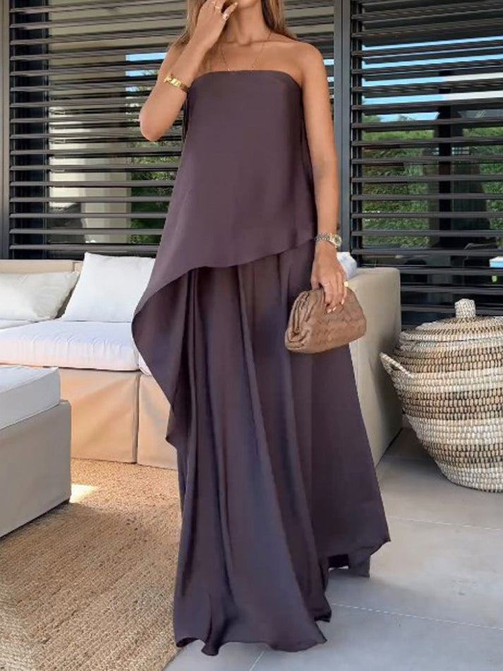 Chic women's off-shoulder two-piece set with a flowing maxi skirt, perfect for elegant summer fashion.