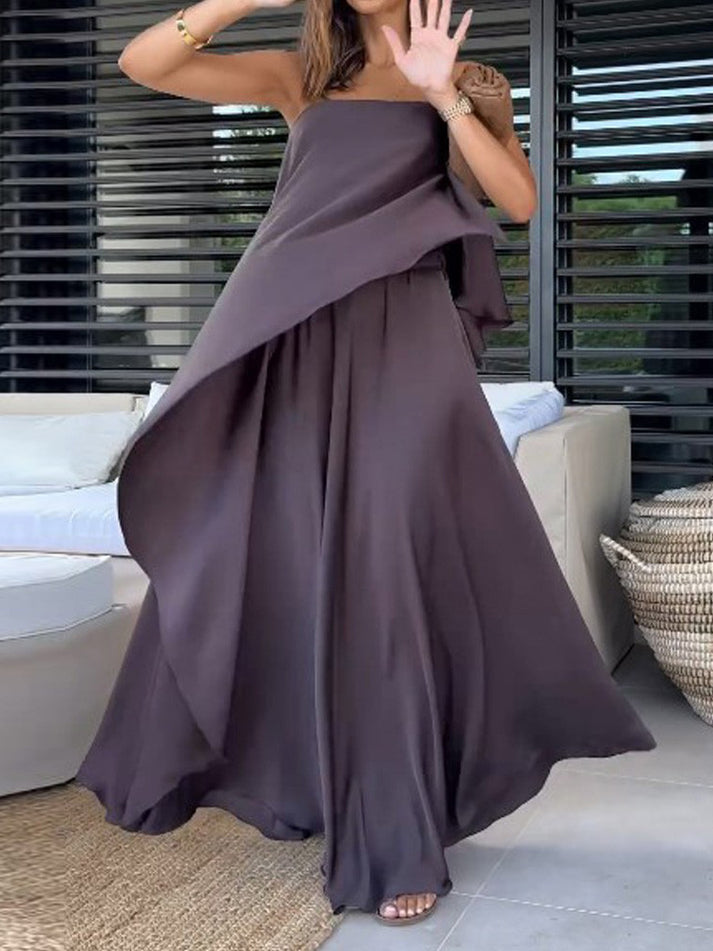Versatile women's two-piece off-shoulder crop top and long maxi skirt set for casual summer wear.