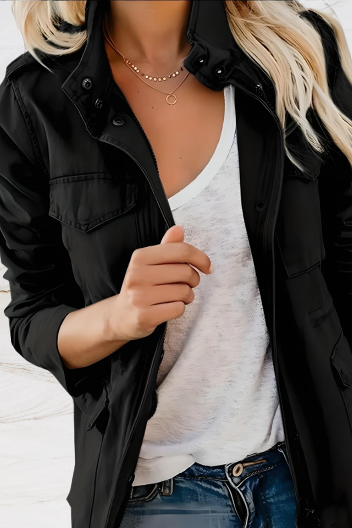 Chic women's open front jacket, perfect for layering. Modern, elegant, versatile fashion outerwear with long sleeves.