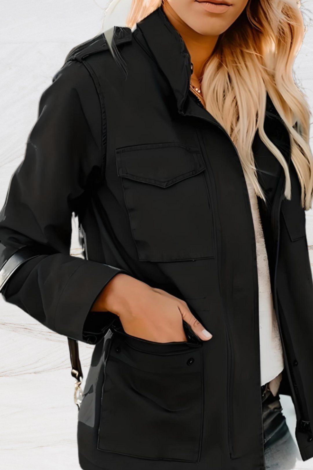 Women's tailored open front jacket, long sleeve design. Elegant and chic layering piece for versatile modern outfits.