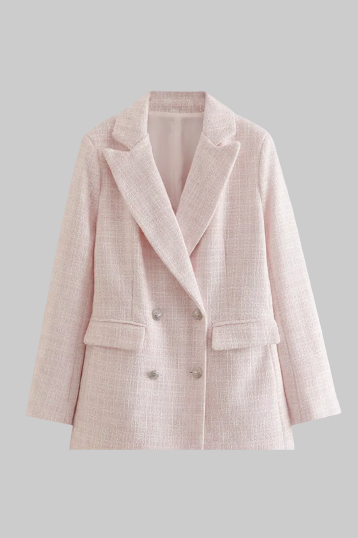 Elegant women's pink tailored blazer, perfect for professional office wear, spring, or fall fashion. Sophisticated style.
