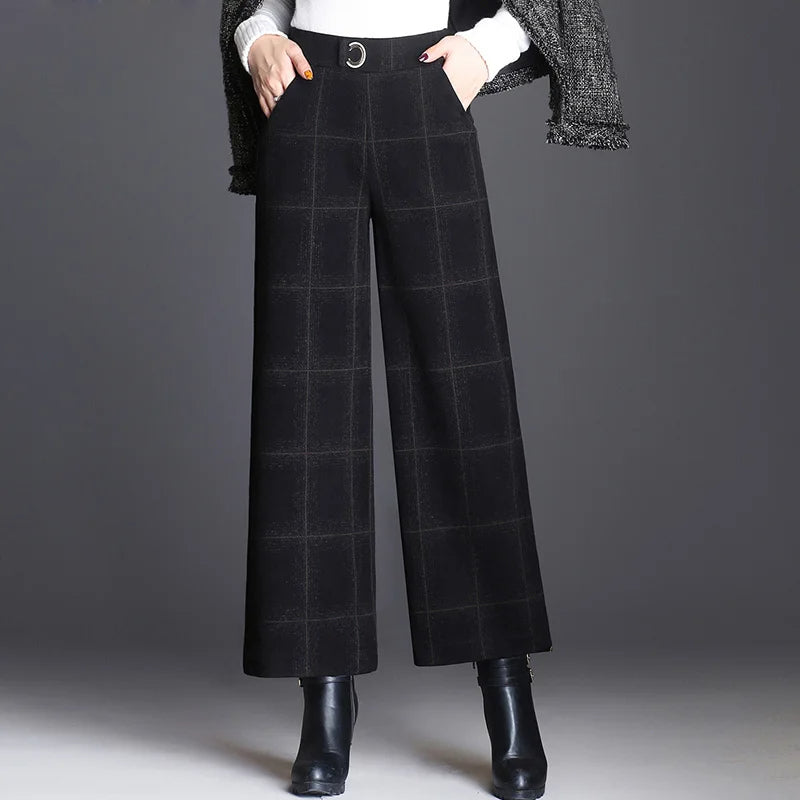 Women's high-waisted plaid wide-leg trousers, offering a comfortable fit for dressy or everyday chic style.