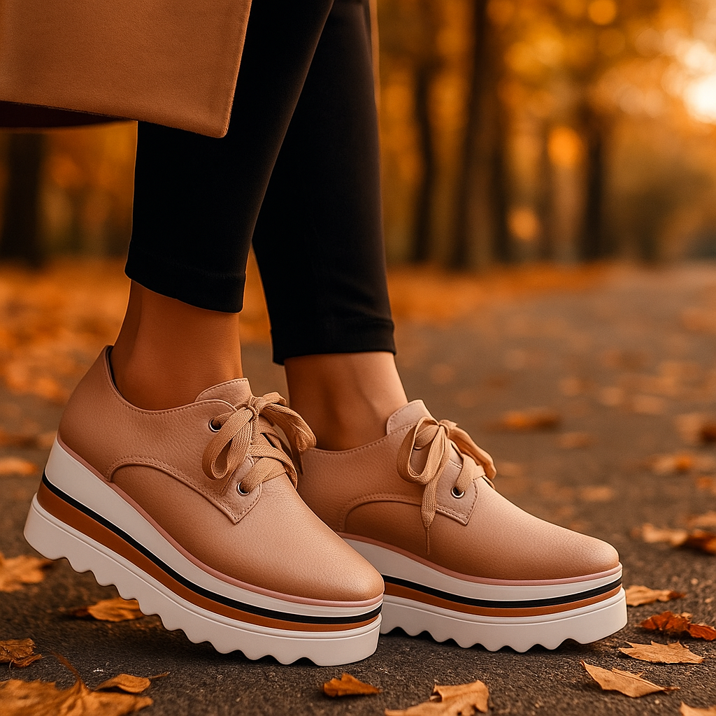 Trendy women's chic platform lace-up sneakers; modern casual footwear for fashion-forward comfort.