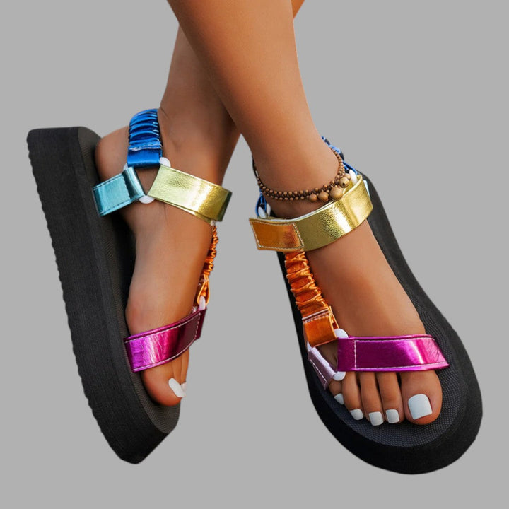 Iridescent platform sandals for women, offering an elevated style for both casual and evening wear.
