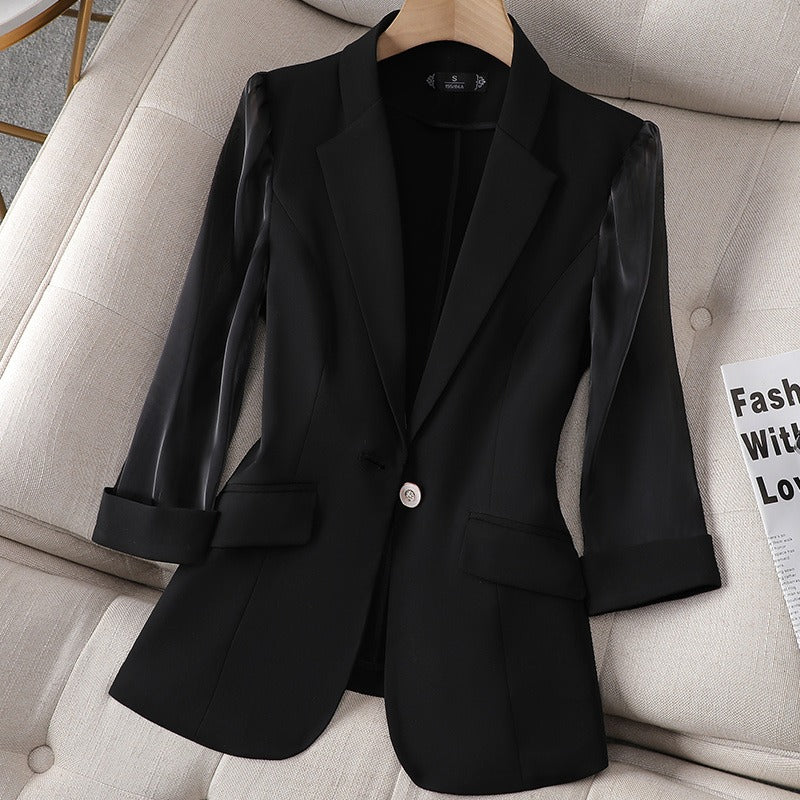 Chic women's power blazer with elegant sheer sleeves. Perfect for professional wear & power dressing. Tailored modern fit.