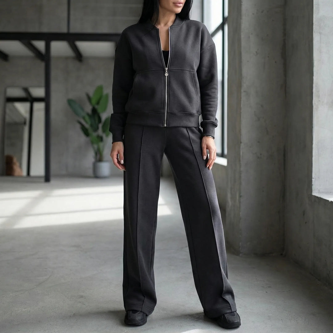 Chic women's regular-fit straight leg pants and matching jacket set, ideal for versatile styling.