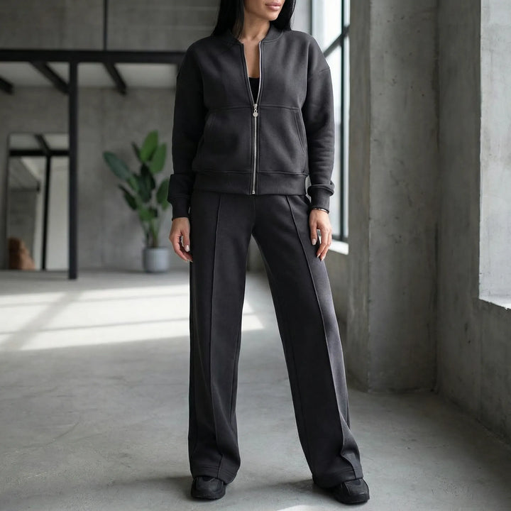 Chic women's regular-fit straight leg pants and matching jacket set, ideal for versatile styling.