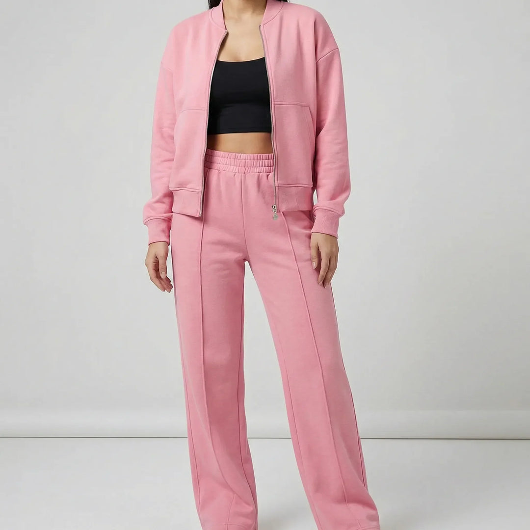 Casual elegant women's two-piece set featuring straight leg pants and a stylish matching jacket.