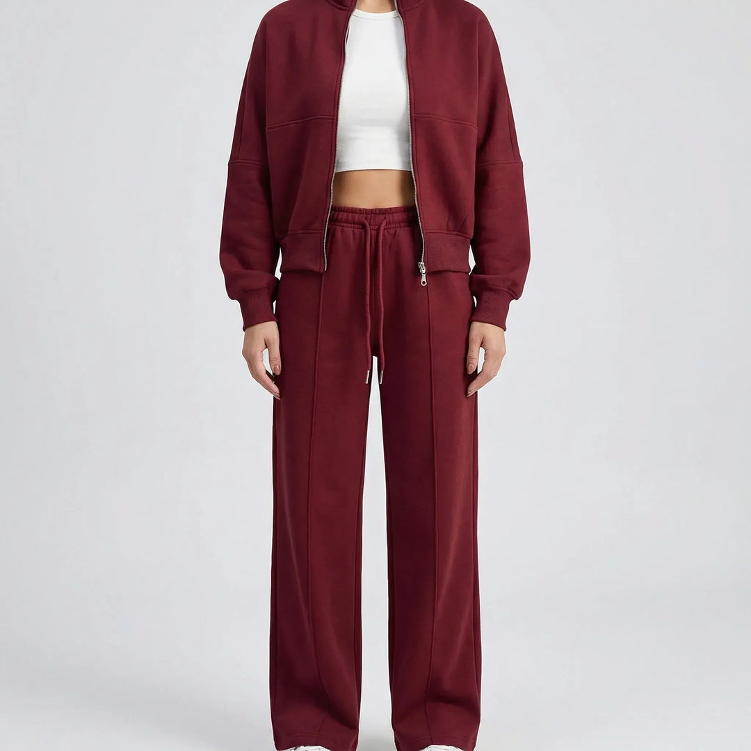 Women's straight leg pants and jacket matching set, a comfortable regular-fit two-piece ensemble.