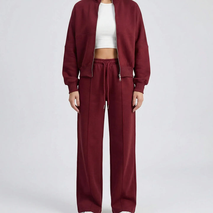 Women's straight leg pants and jacket matching set, a comfortable regular-fit two-piece ensemble.