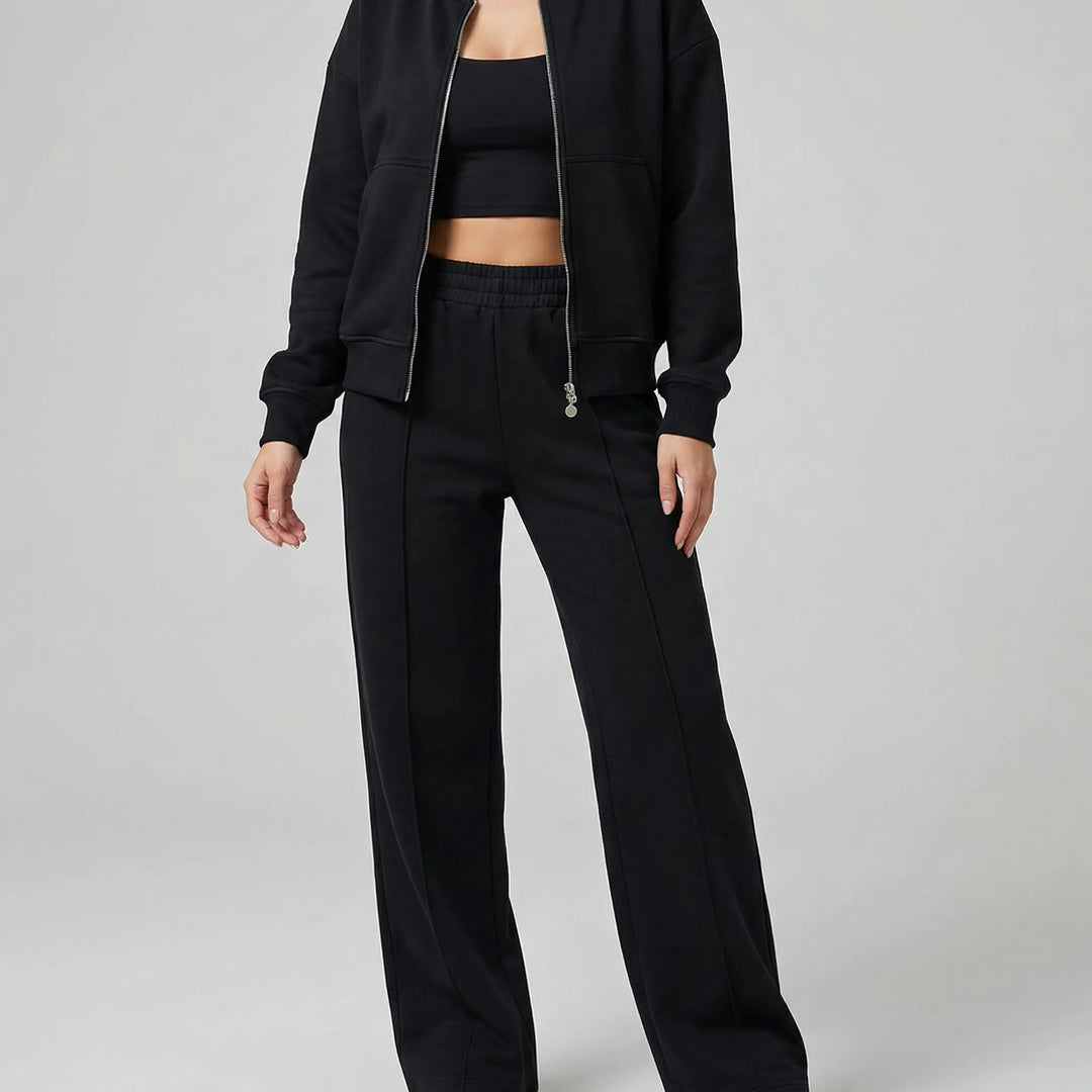 Versatile women's matching jacket & straight leg pant set, perfect for the office or chic everyday wear.