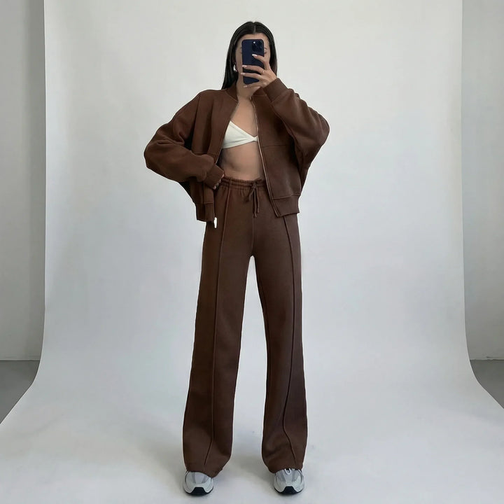 Fashionable women's two-piece straight leg pants & jacket set, a perfect outfit for fall & spring.