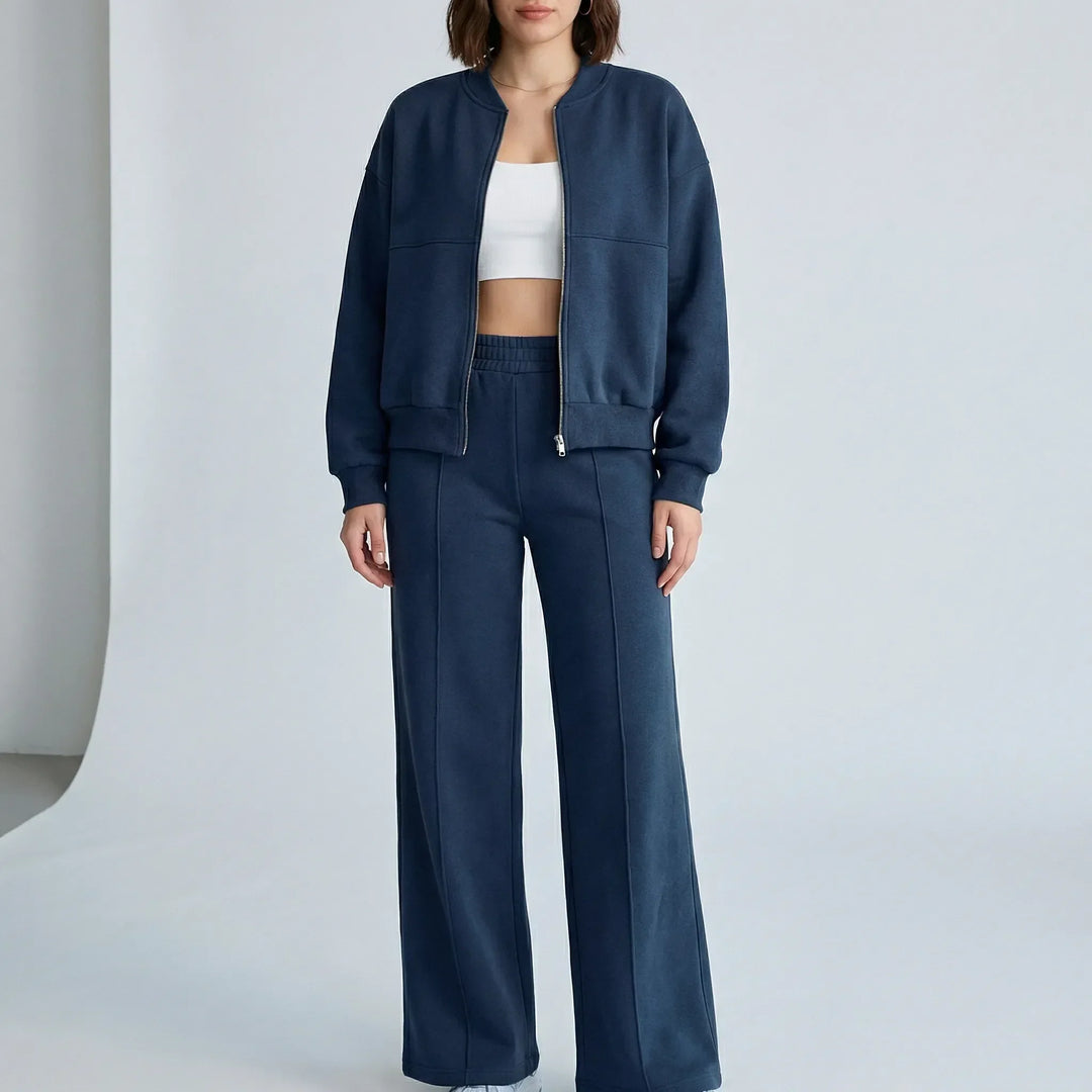 Comfortable regular-fit straight leg trousers and women's jacket set, offering a flattering silhouette.