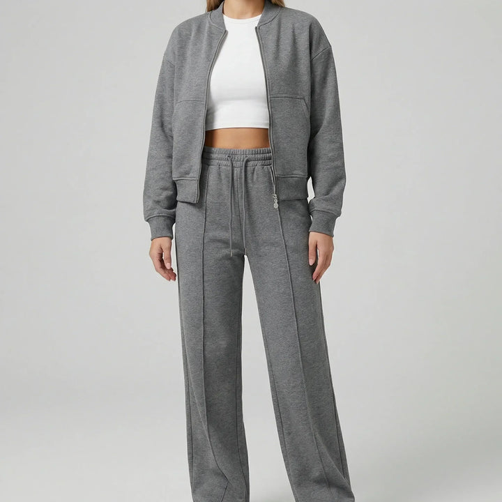 Evie women's chic regular-fit straight leg pants and jacket set, a versatile two-piece professional outfit.