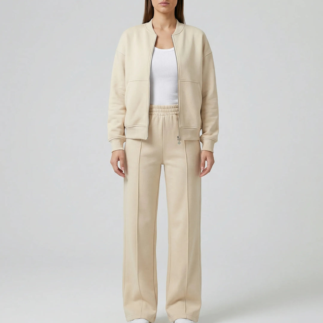 Professional women's workwear set: regular-fit straight leg pants and elegant matching jacket.