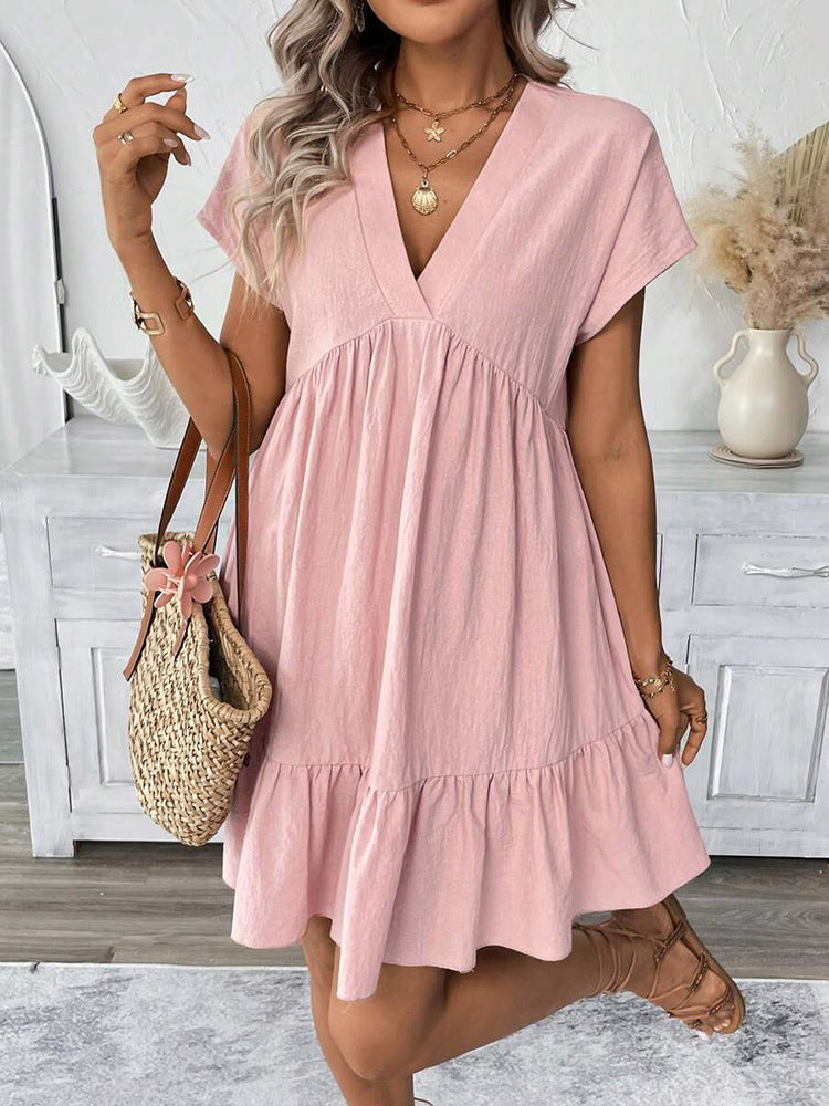 Women's fashionable V-neck mini dress with a flowing ruffle hem, great for everyday wear, summer outings, or vacation.
