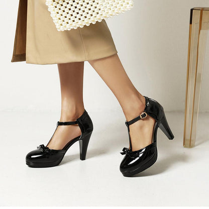 Chic women's dress heels: T-strap block style with a lovely bow, comfortable for all occasions.