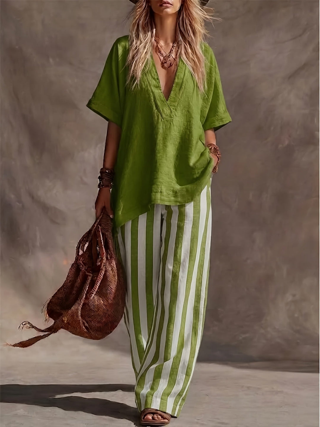 Chic women's two-piece set: V-neck short sleeve top & striped wide-leg pants. Perfect for summer casual wear.