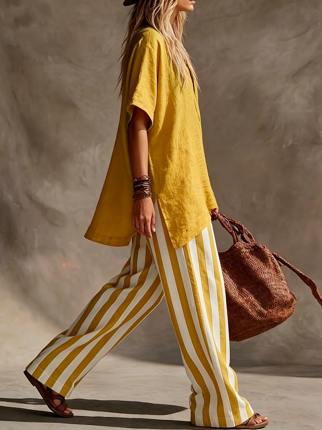 Elegant matching set: Short sleeve V-neck top with flowy striped wide-leg pants. Perfect for a chic summer look.