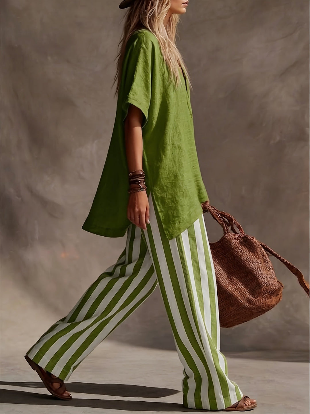 Resort wear for women: V-neck top and striped wide-leg pants combo. A stylish and comfortable two-piece set.