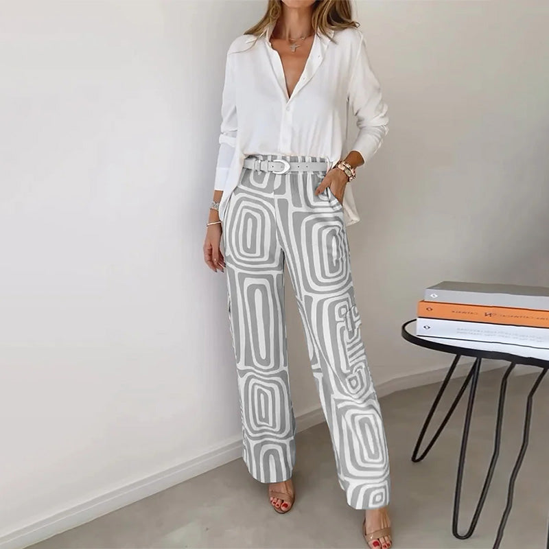 Soft flowing top & stylish patterned trousers in a comfortable two-piece set for women's chic fashion.