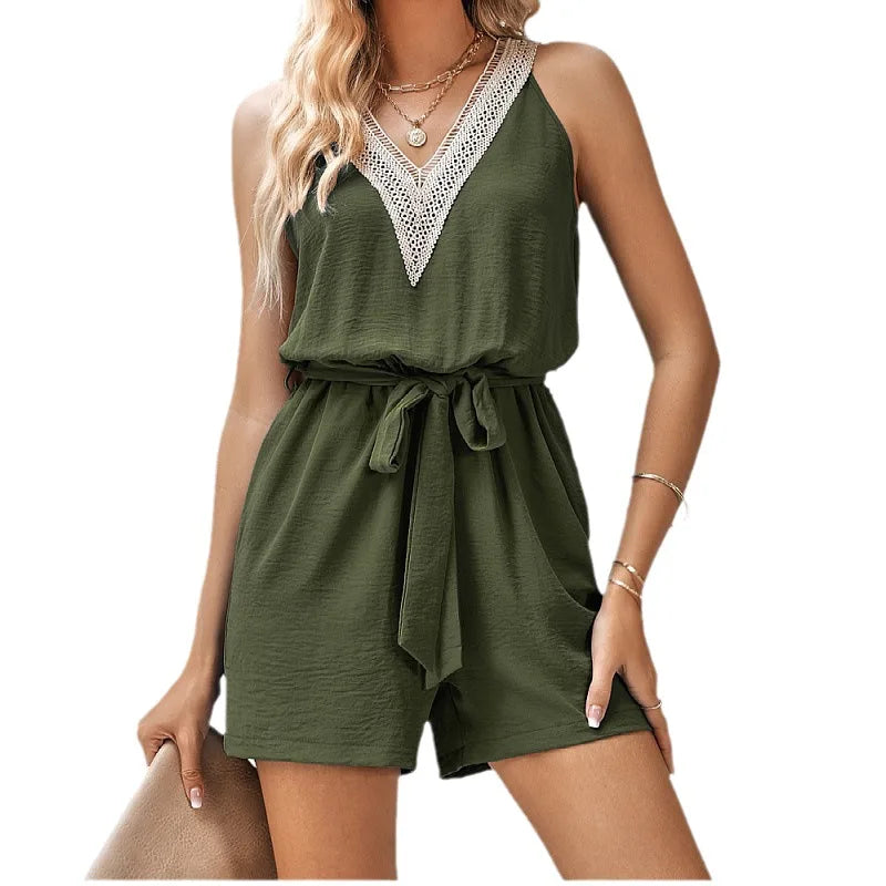 Chic women's V-neck sleeveless romper with delicate lace trim & tie waist for stylish summer wear.