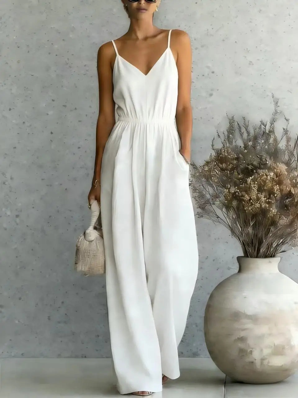 Chic women's V-neck wide leg jumpsuit for effortless casual style. Perfect one-piece summer outfit & vacation wear.
