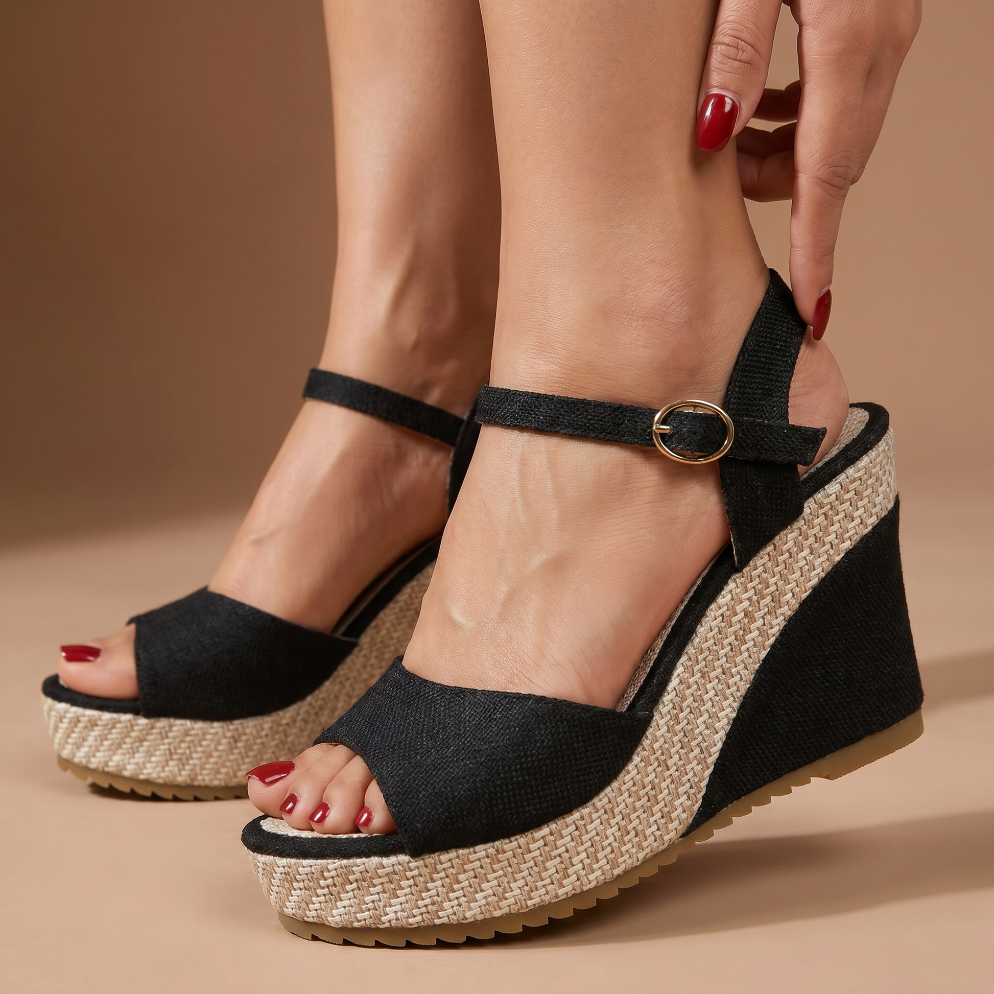 Comfortable wedge heels for women, featuring a stylish ankle strap & versatile elegant design.