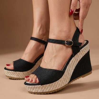 Comfortable wedge heels for women, featuring a stylish ankle strap & versatile elegant design.